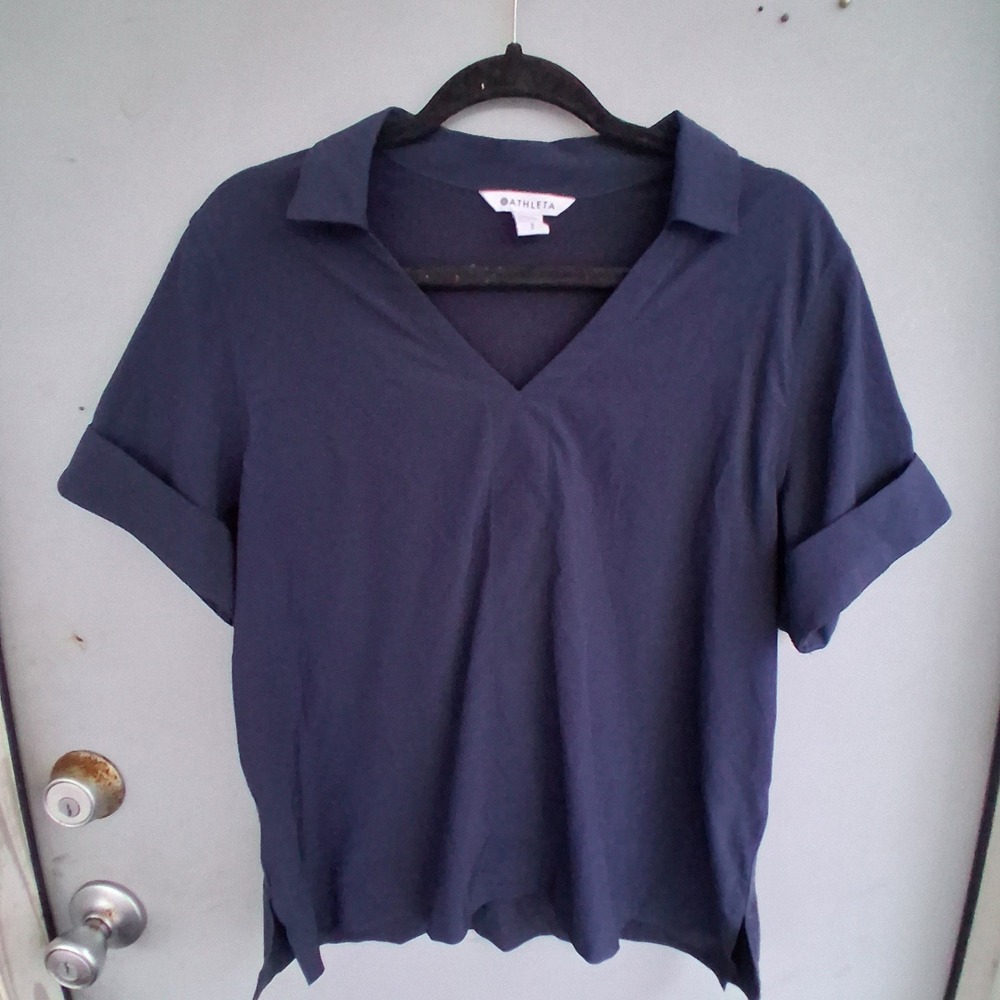 Athleta Navy Blue V-Neck Collared Short Sleeve Top 288085 Small
